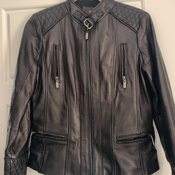 Anne Klein NWT black leather motto jacket size Medium - Picture 12 of 14